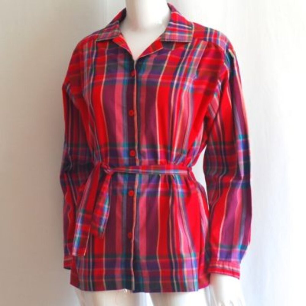 Rodier Paris Casual Red Cotton Belted Plaid Top - France